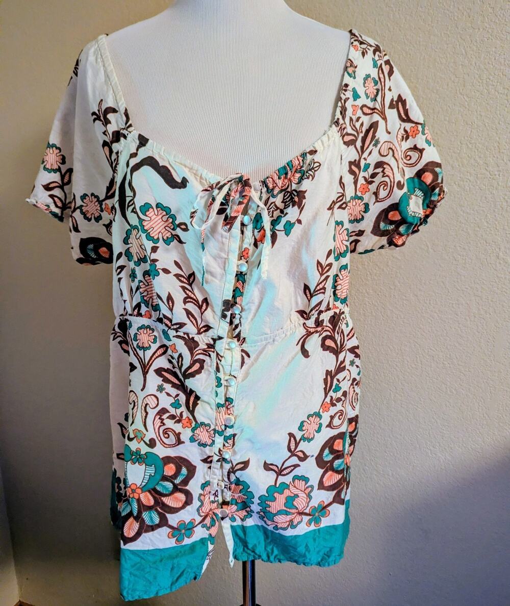 Art & Soul Petite Large Floral Boho Tunic Top Button Front Turquoise Brown